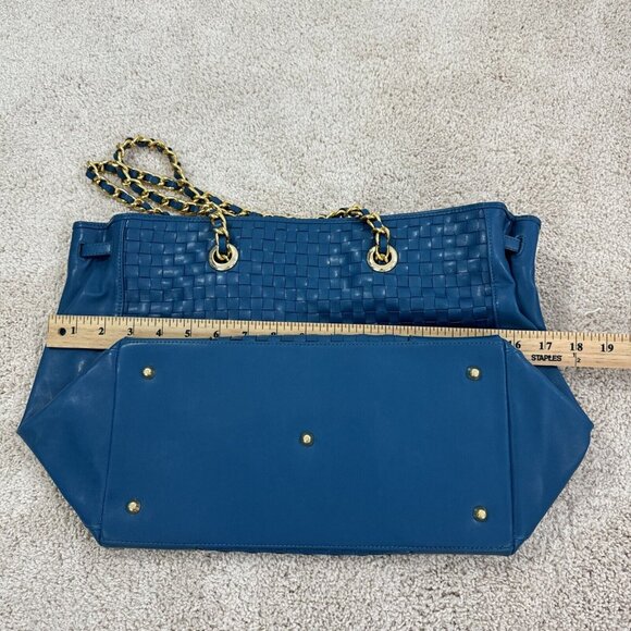 Joan Rivers Slouchy Teal Faux Leather Woven Tote Shoulder Bag Gold Chain Strap L - Picture 10 of 16